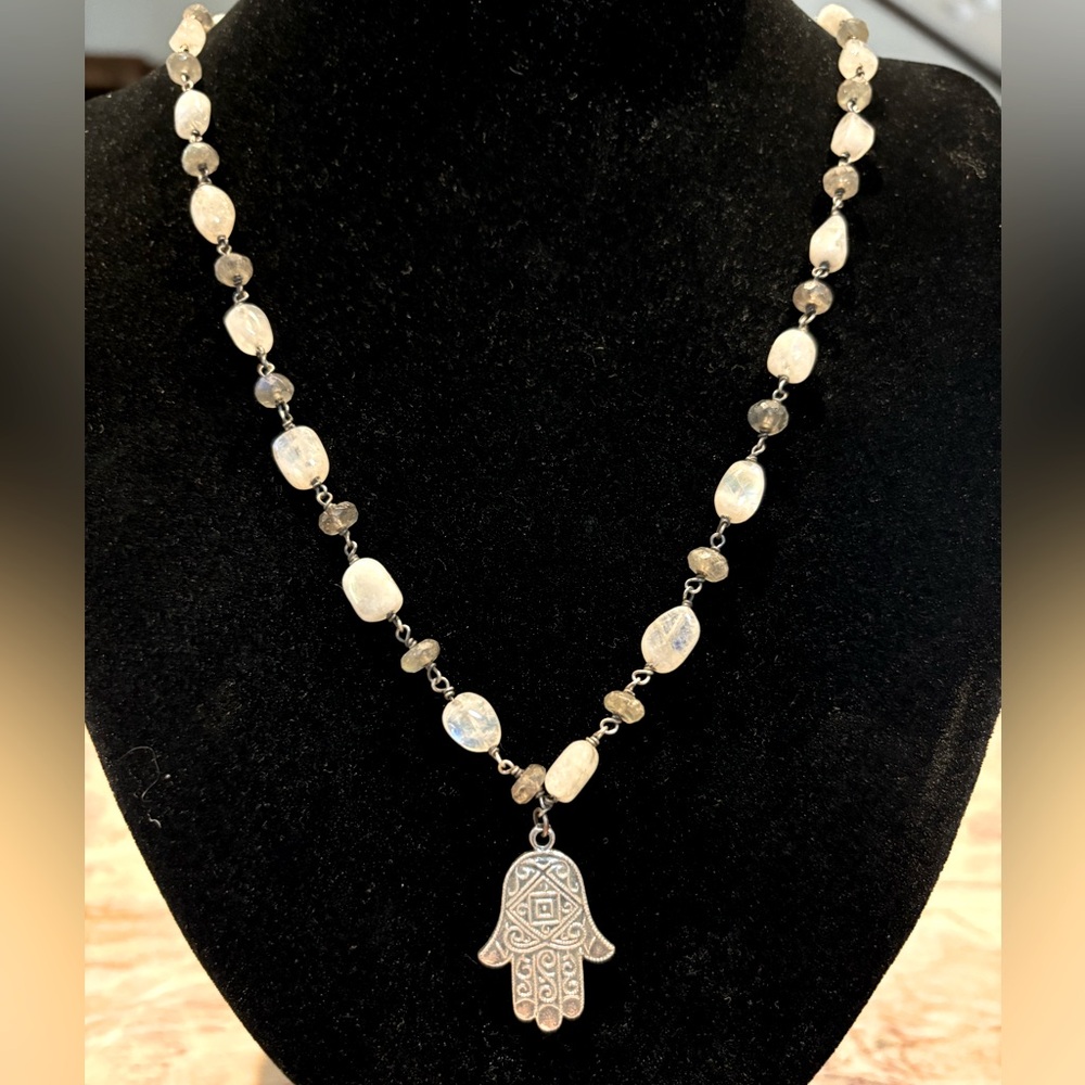 Moonstone, Labradorite, and Silver Hamsa Necklace